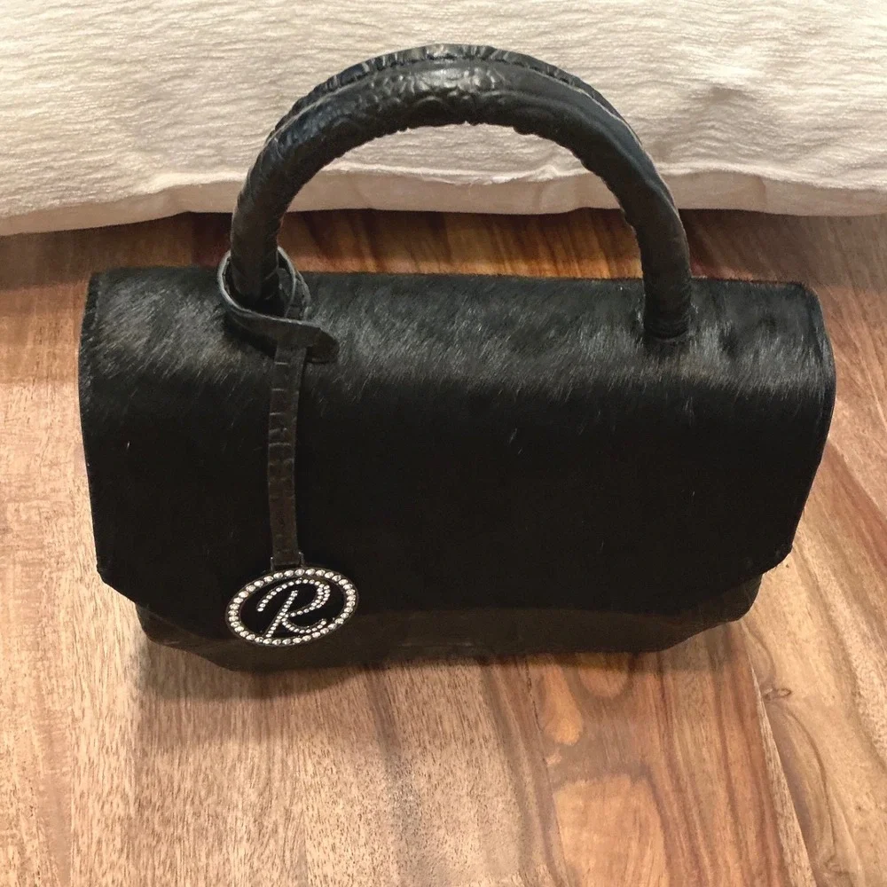 Raviani Designer‎ Top Handle Bag Black Furry Leather Alligator Embossed Purse